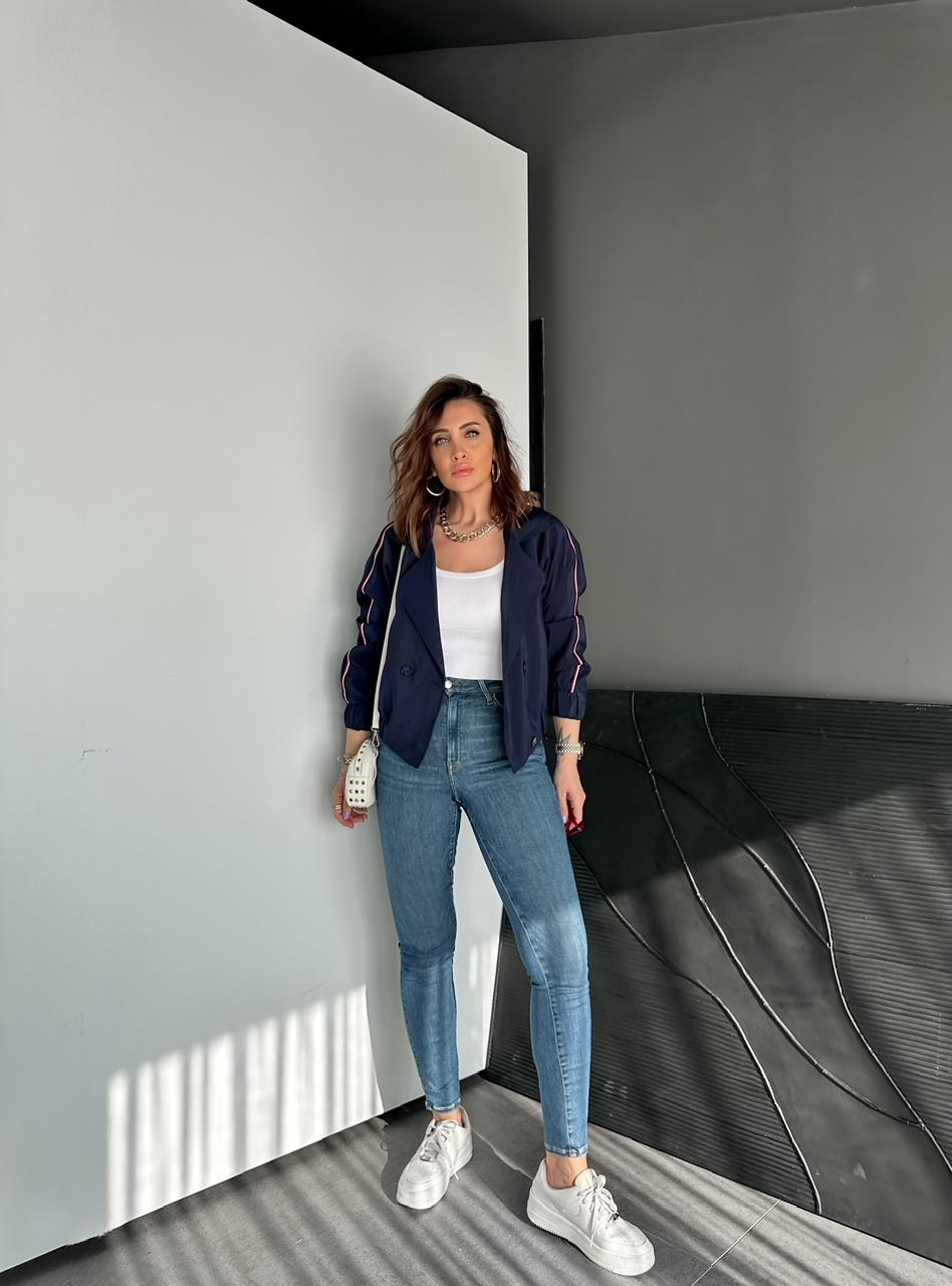 Lacivert Şerit Detaylı Kruvaze Ceket