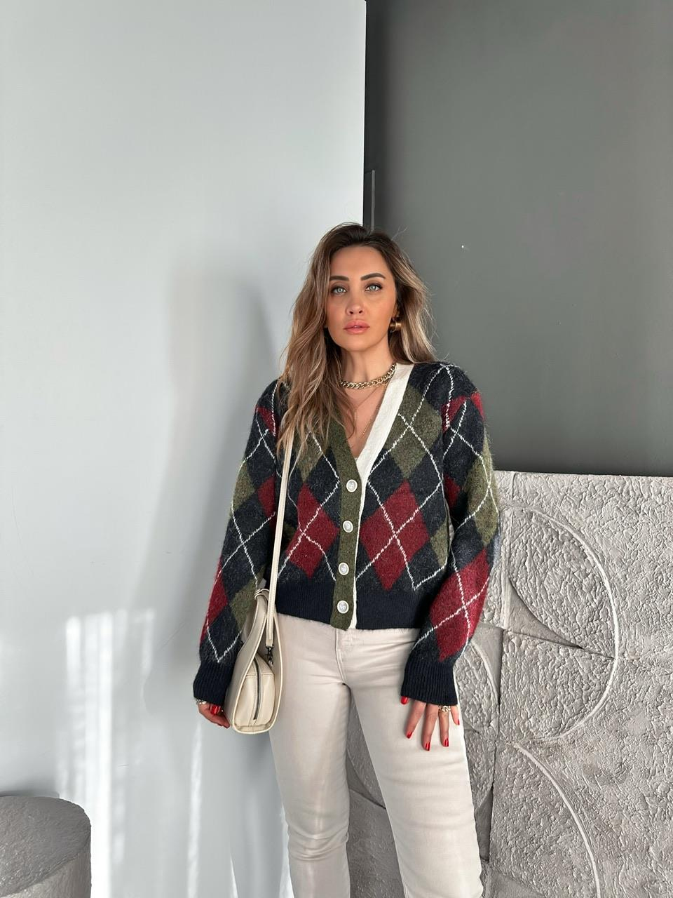 Lacivert Şeritli Baklava Desen Hırka