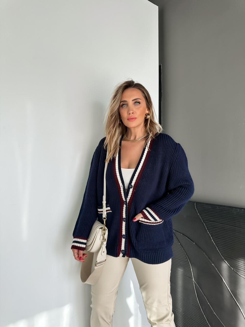 Lacivert Şeritli Selanik Hırka