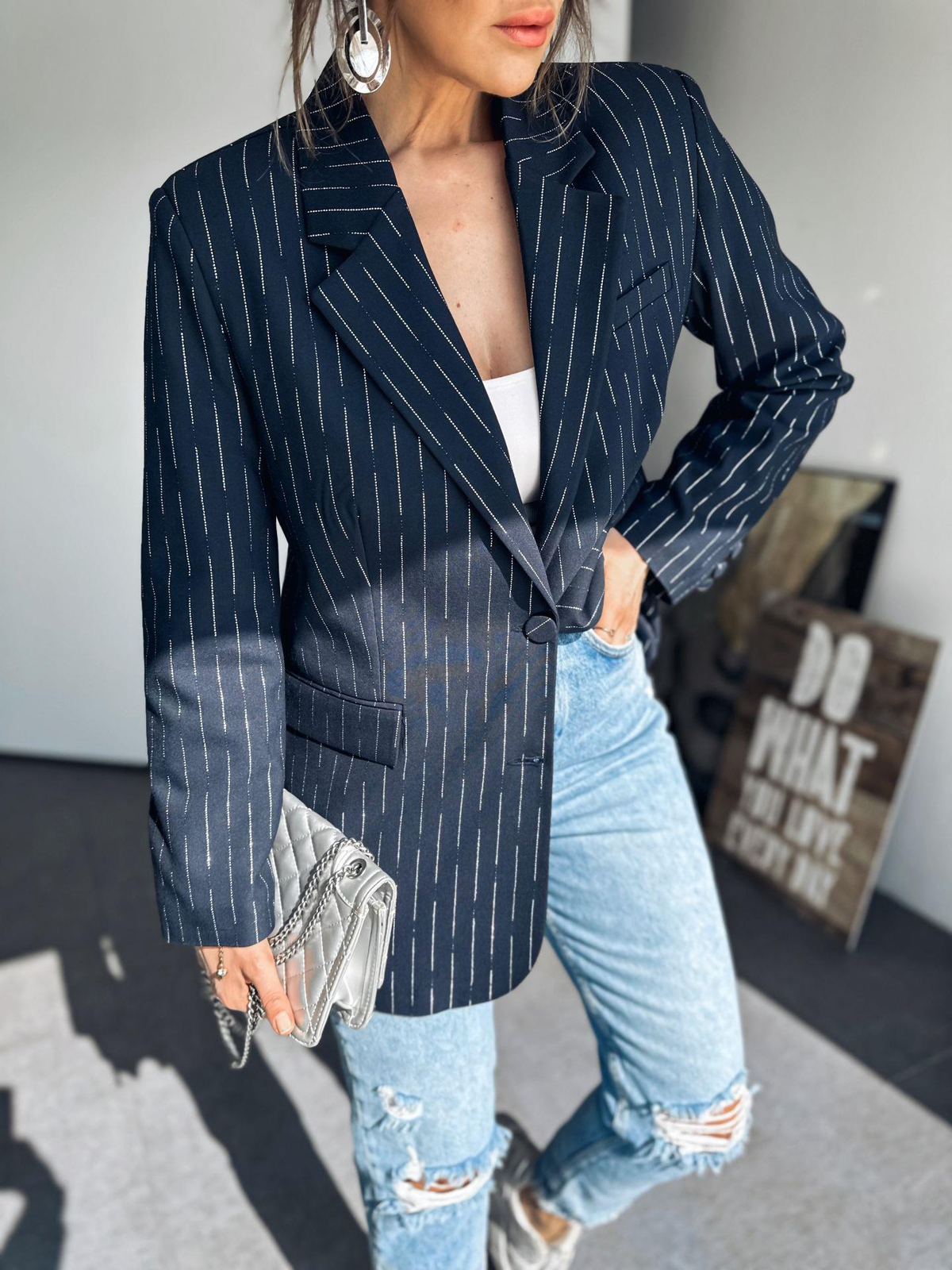 Lacivert Sim Detaylı Blazer Ceket