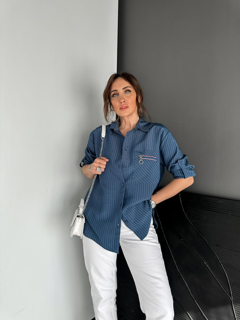 Lacivert Sırtı Fermuarlı Çizgili Gömlek