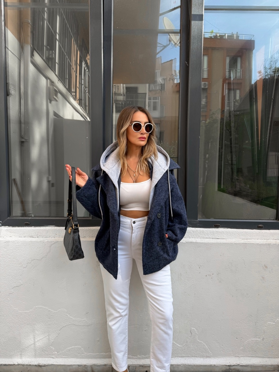 Lacivert Sweat Detaylı Kapşonlu Kaban