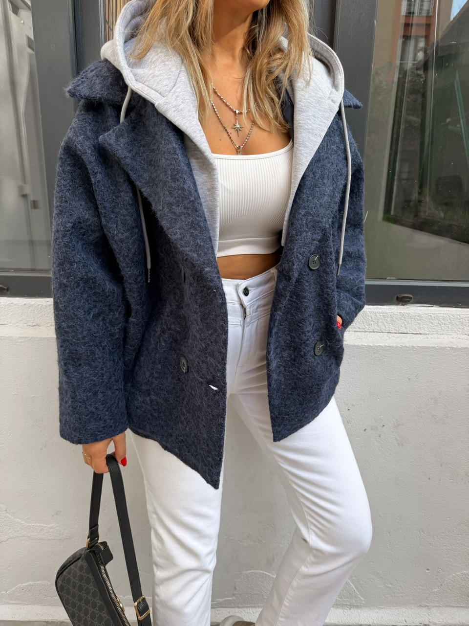 Lacivert Sweat Detaylı Kapşonlu Kaban