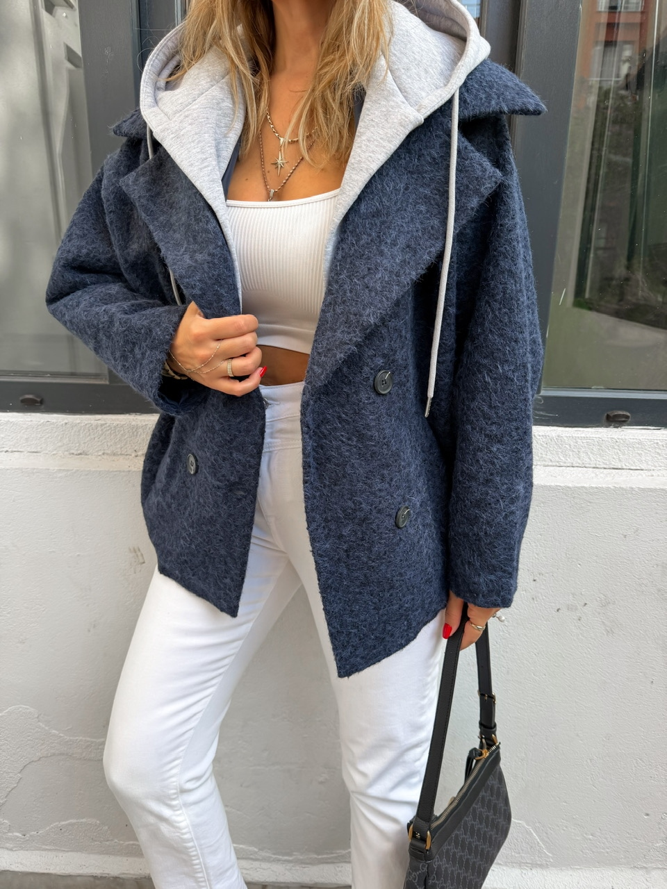 Lacivert Sweat Detaylı Kapşonlu Kaban