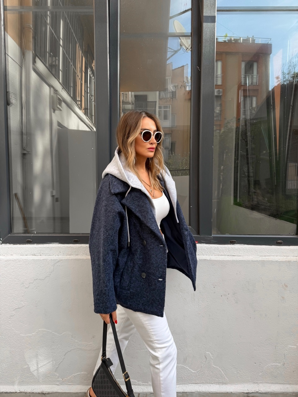 Lacivert Sweat Detaylı Kapşonlu Kaban