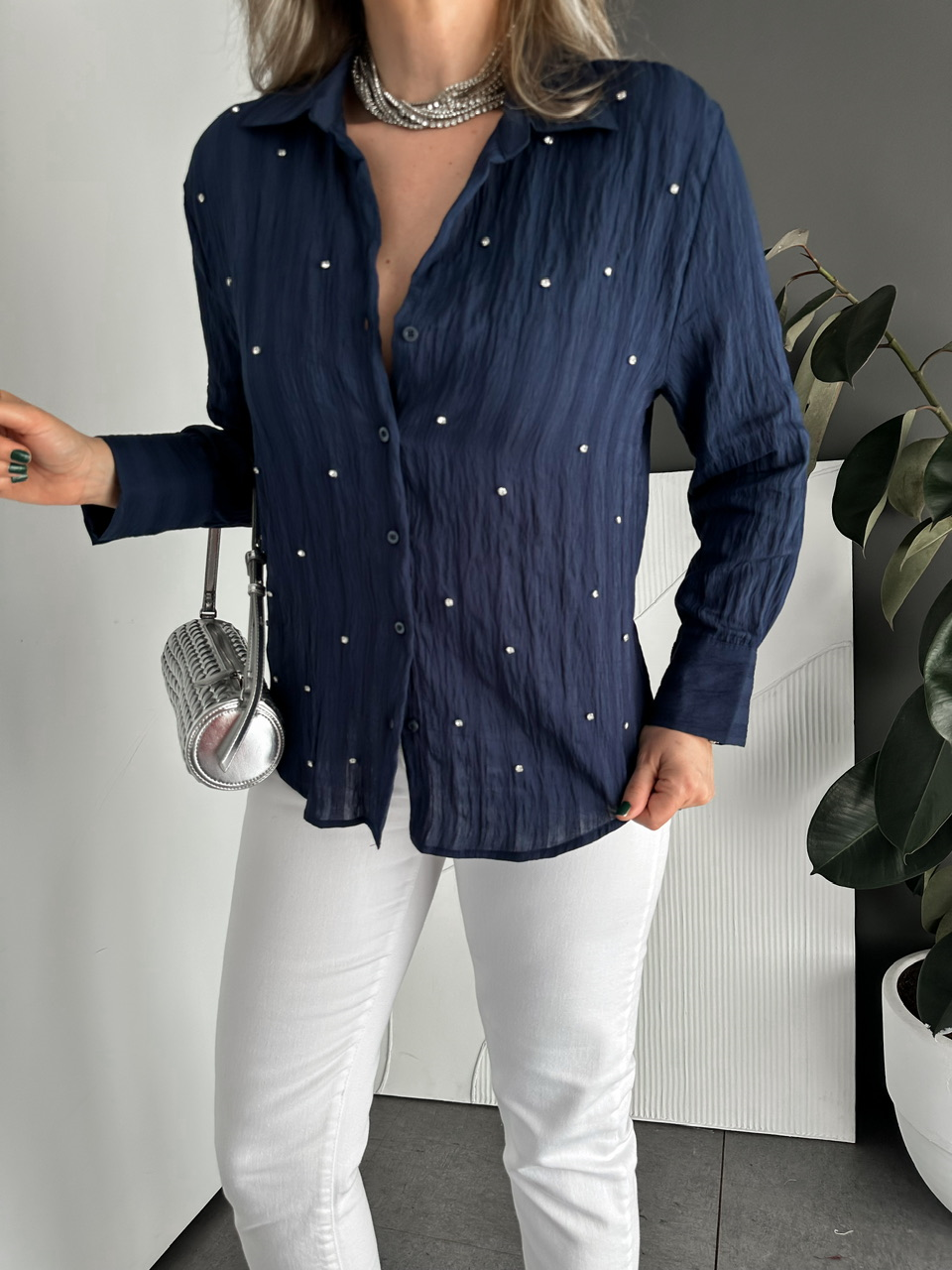 Lacivert Taşlı Çizgili Dokulu Cotton Gömlek