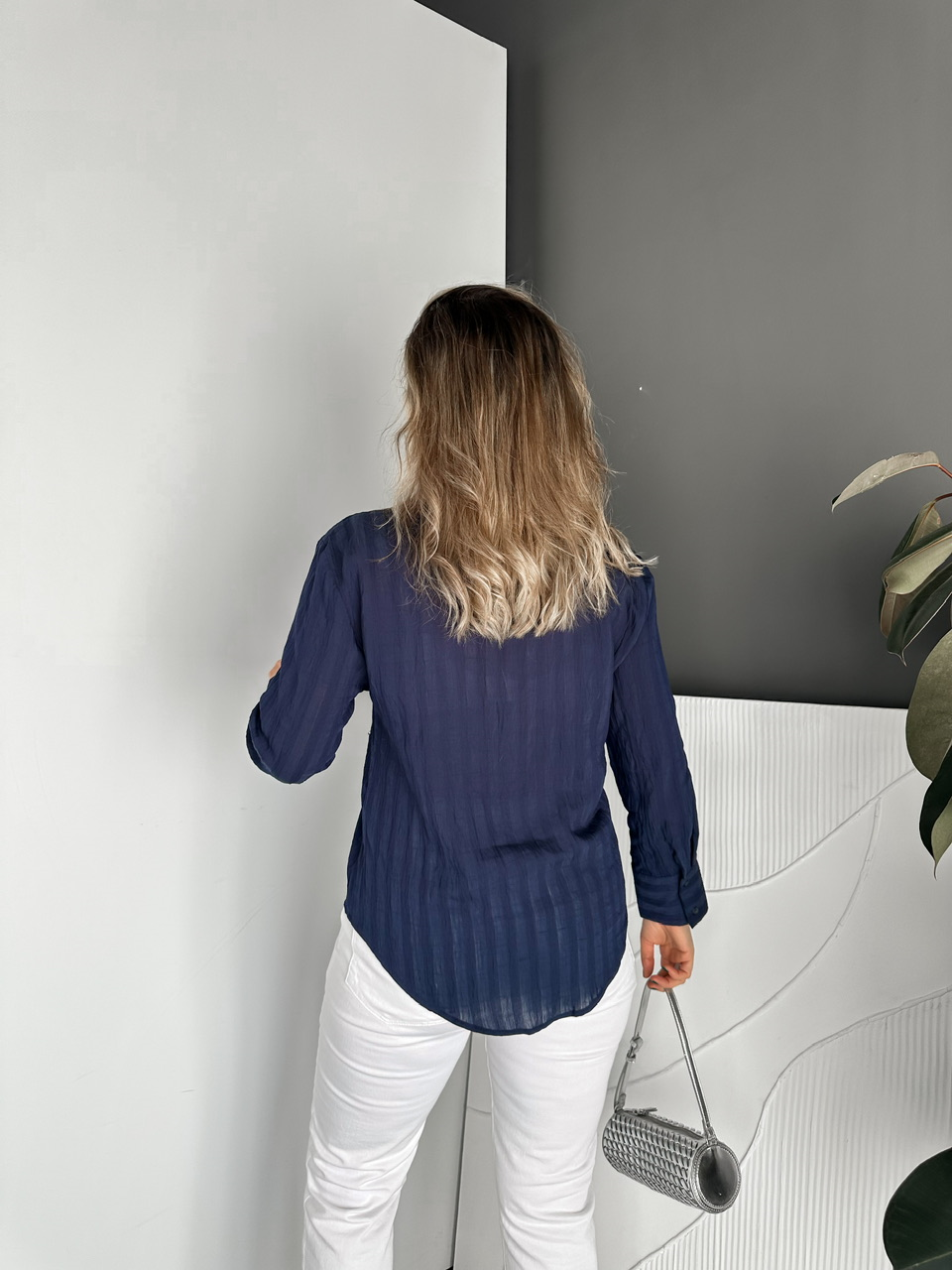 Lacivert Taşlı Çizgili Dokulu Cotton Gömlek