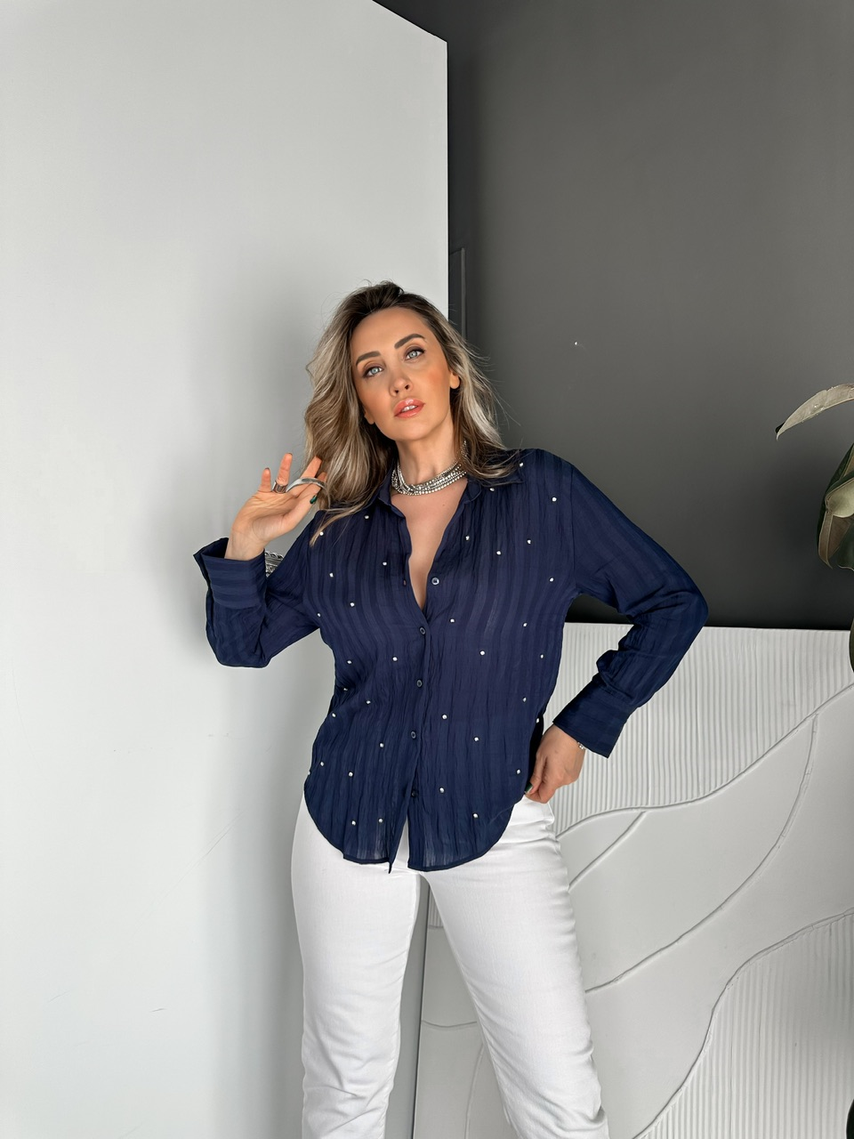 Lacivert Taşlı Çizgili Dokulu Cotton Gömlek