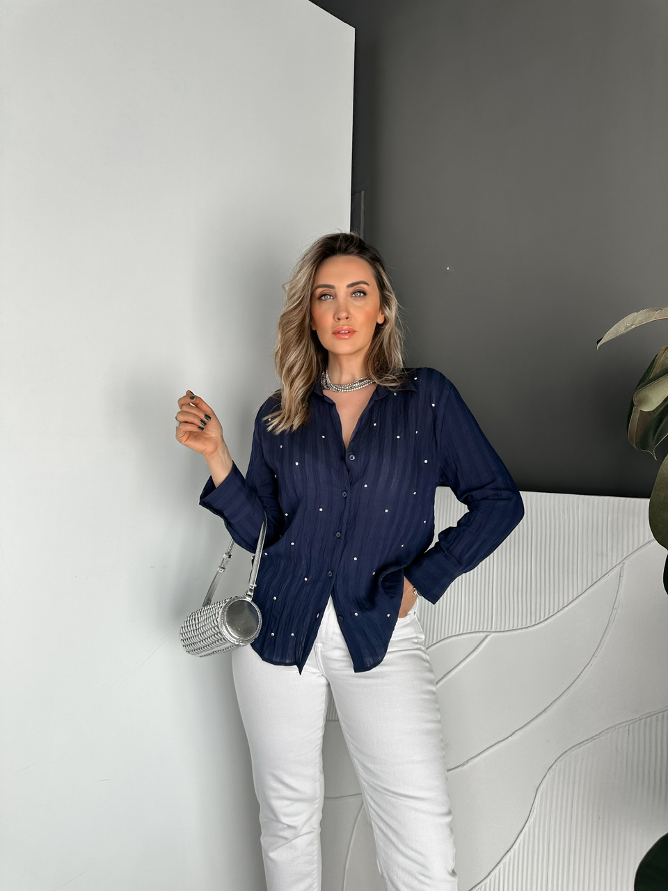 Lacivert Taşlı Çizgili Dokulu Cotton Gömlek