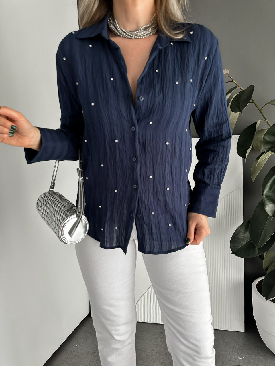 Lacivert Taşlı Çizgili Dokulu Cotton Gömlek