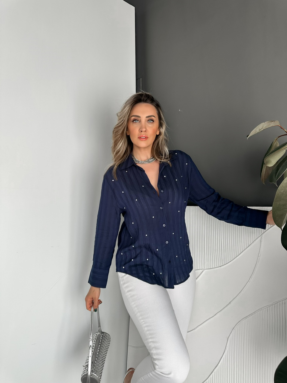 Lacivert Taşlı Çizgili Dokulu Cotton Gömlek