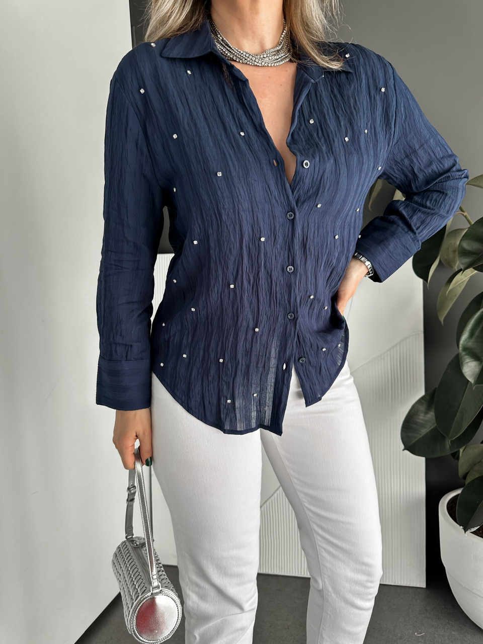 Lacivert Taşlı Çizgili Dokulu Cotton Gömlek