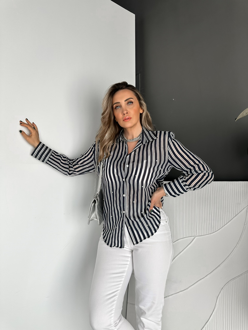 Lacivert Taşlı Çizgili Hayalet Gömlek