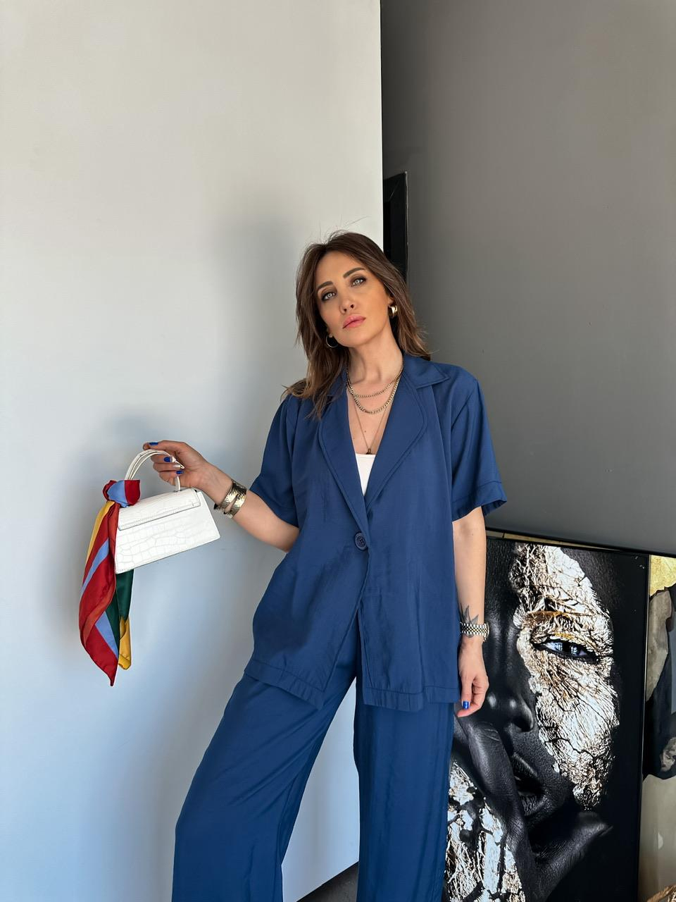 Lacivert Tek Düğmeli Salaş Takım