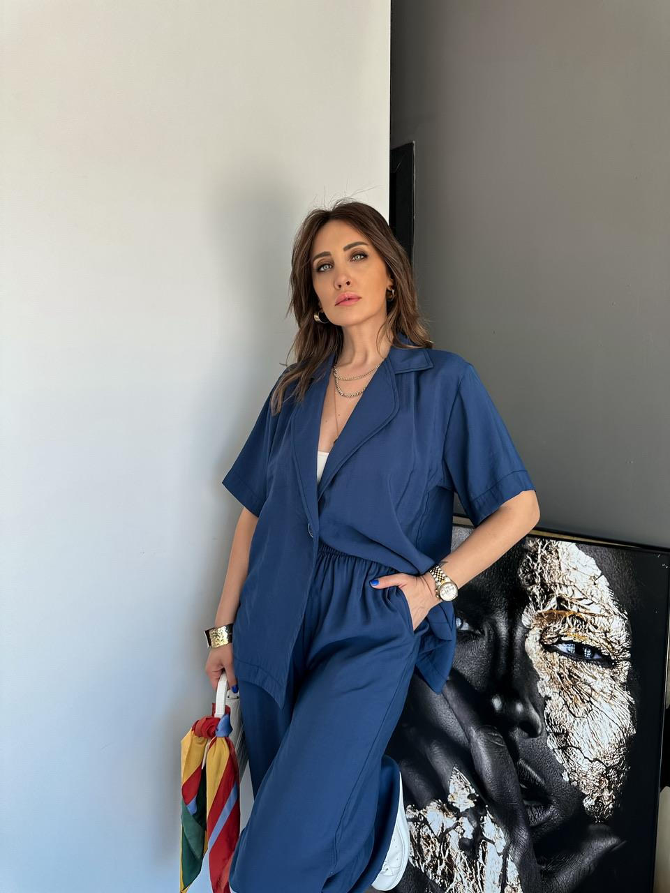 Lacivert Tek Düğmeli Salaş Takım