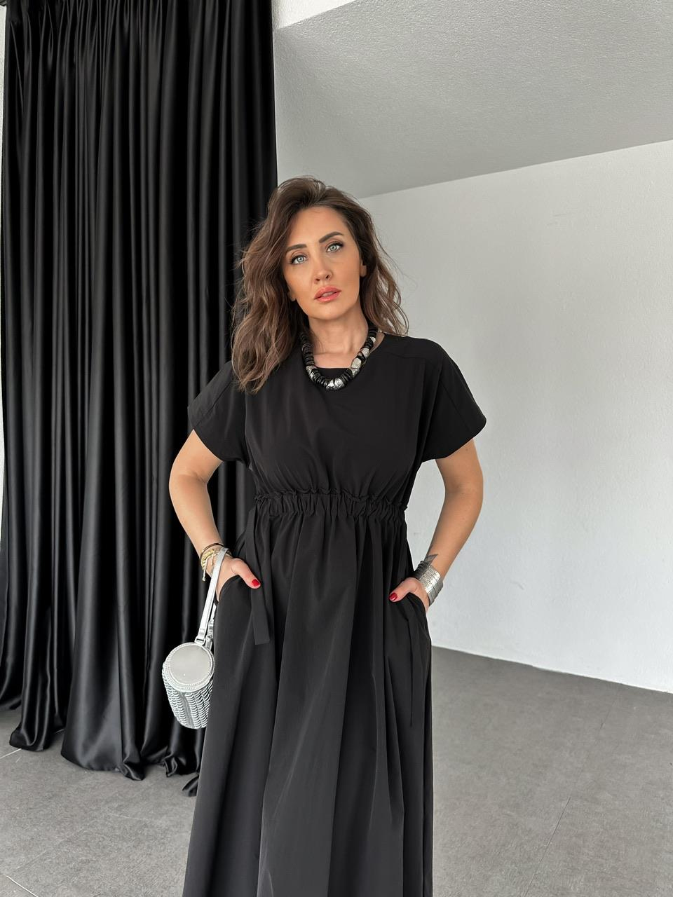Lacivert Teknik Kumaş Beli Lastikli Elbise