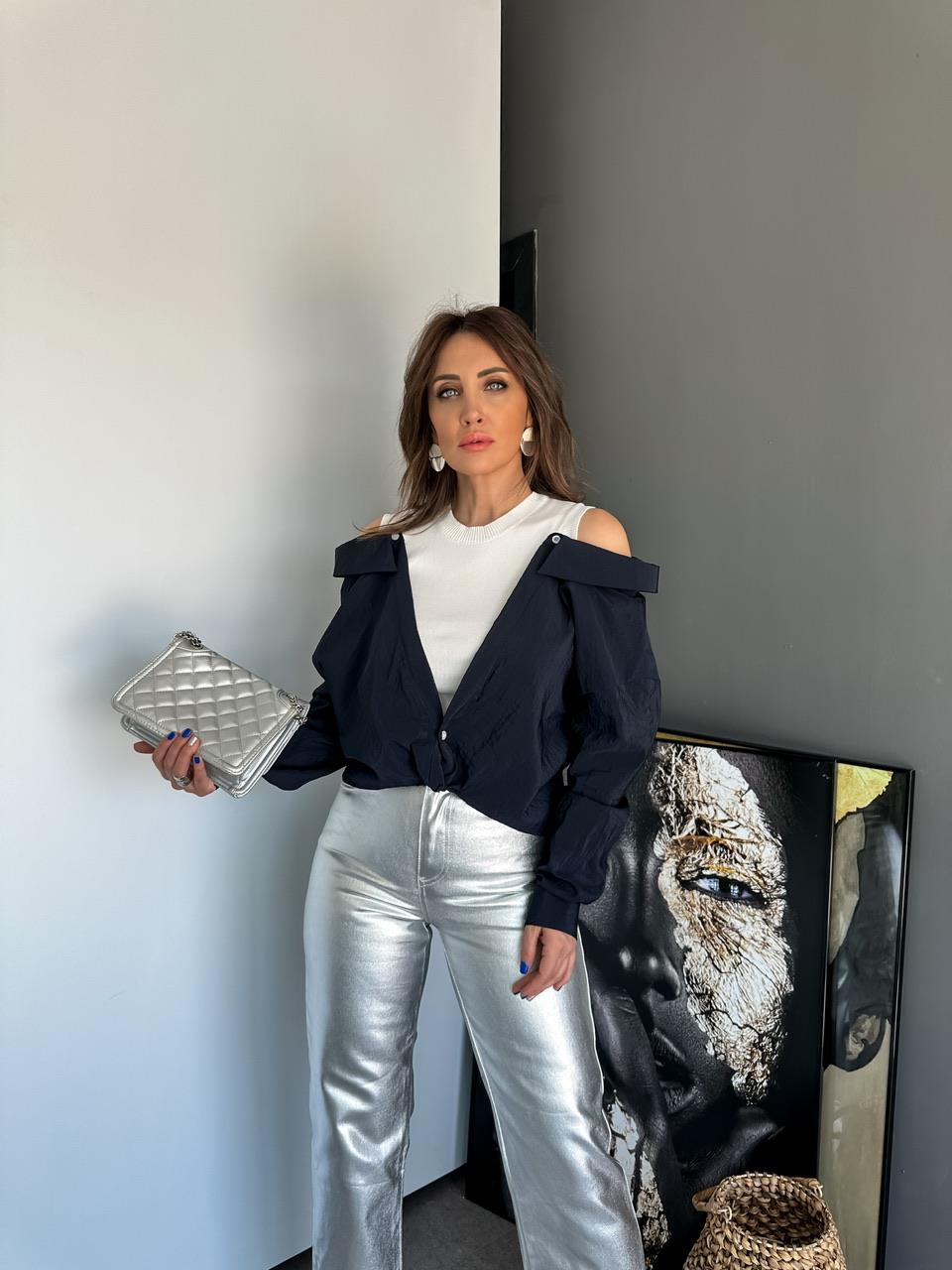 Lacivert Triko Detaylı Tasarım Bluz