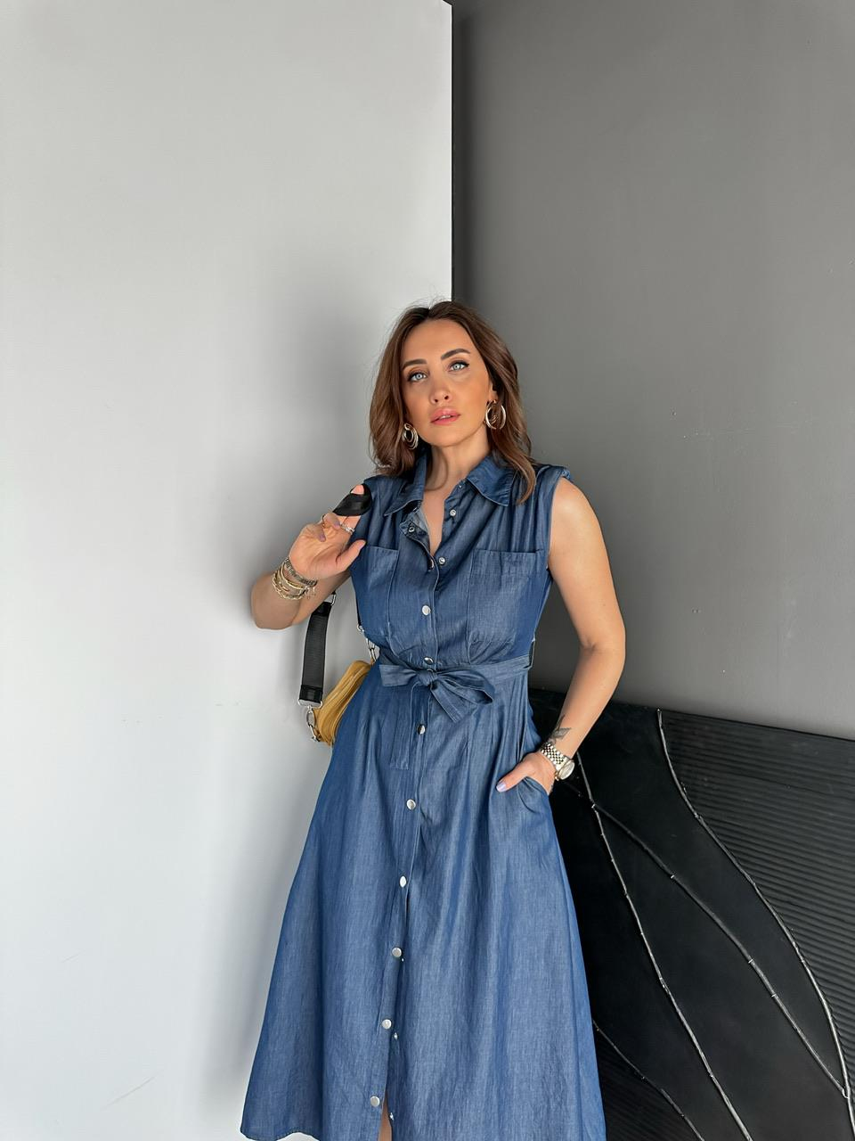 Lacivert Vatkalı Çıtçıtlı Kot Elbise