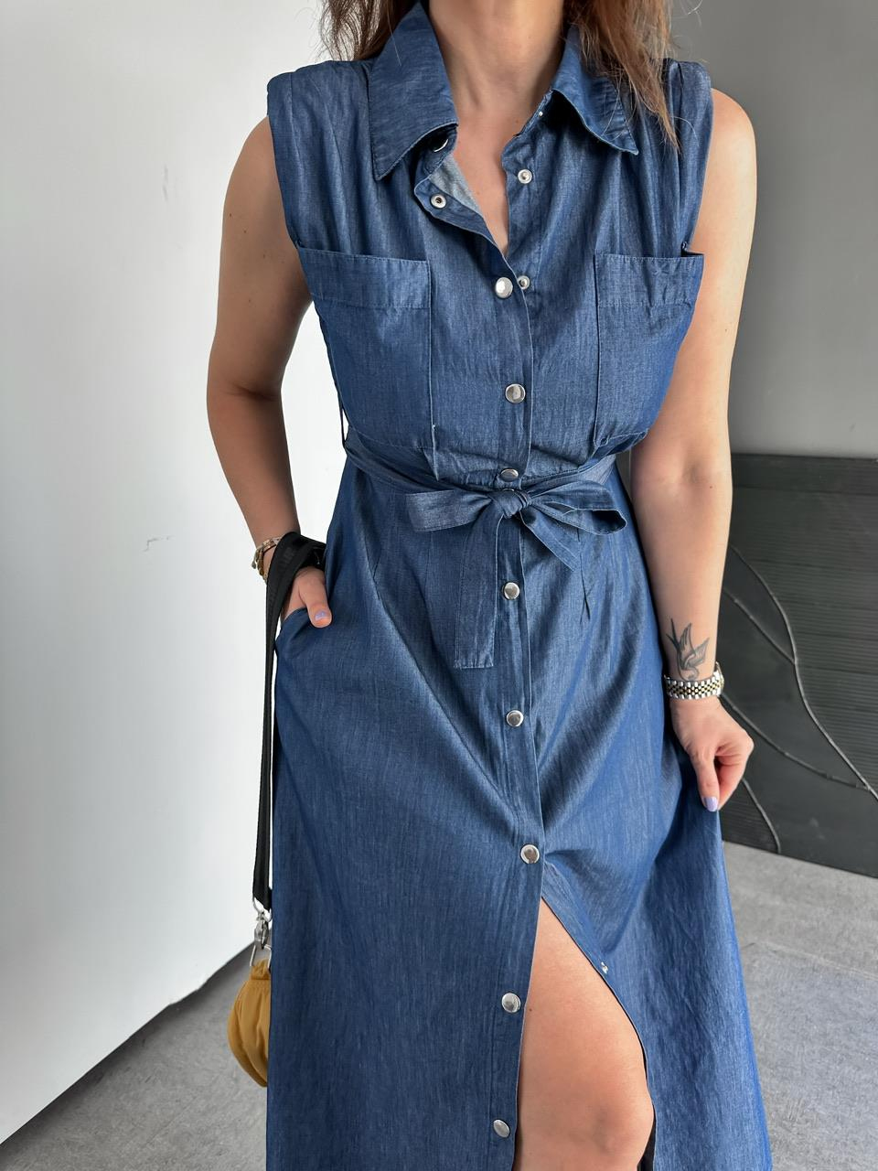 Lacivert Vatkalı Çıtçıtlı Kot Elbise
