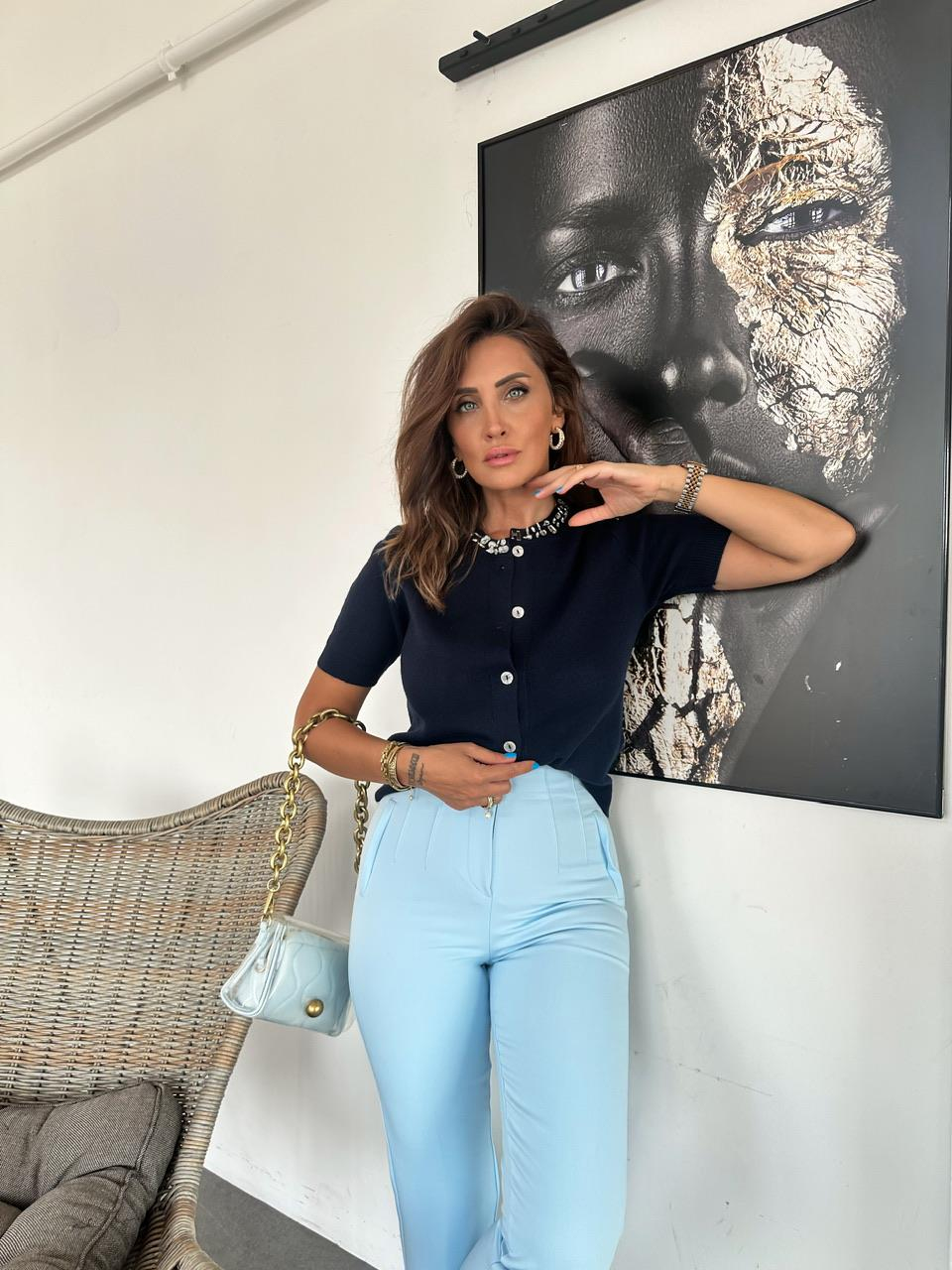 Lacivert Yakası Taşlı Kısa Kollu Hırka