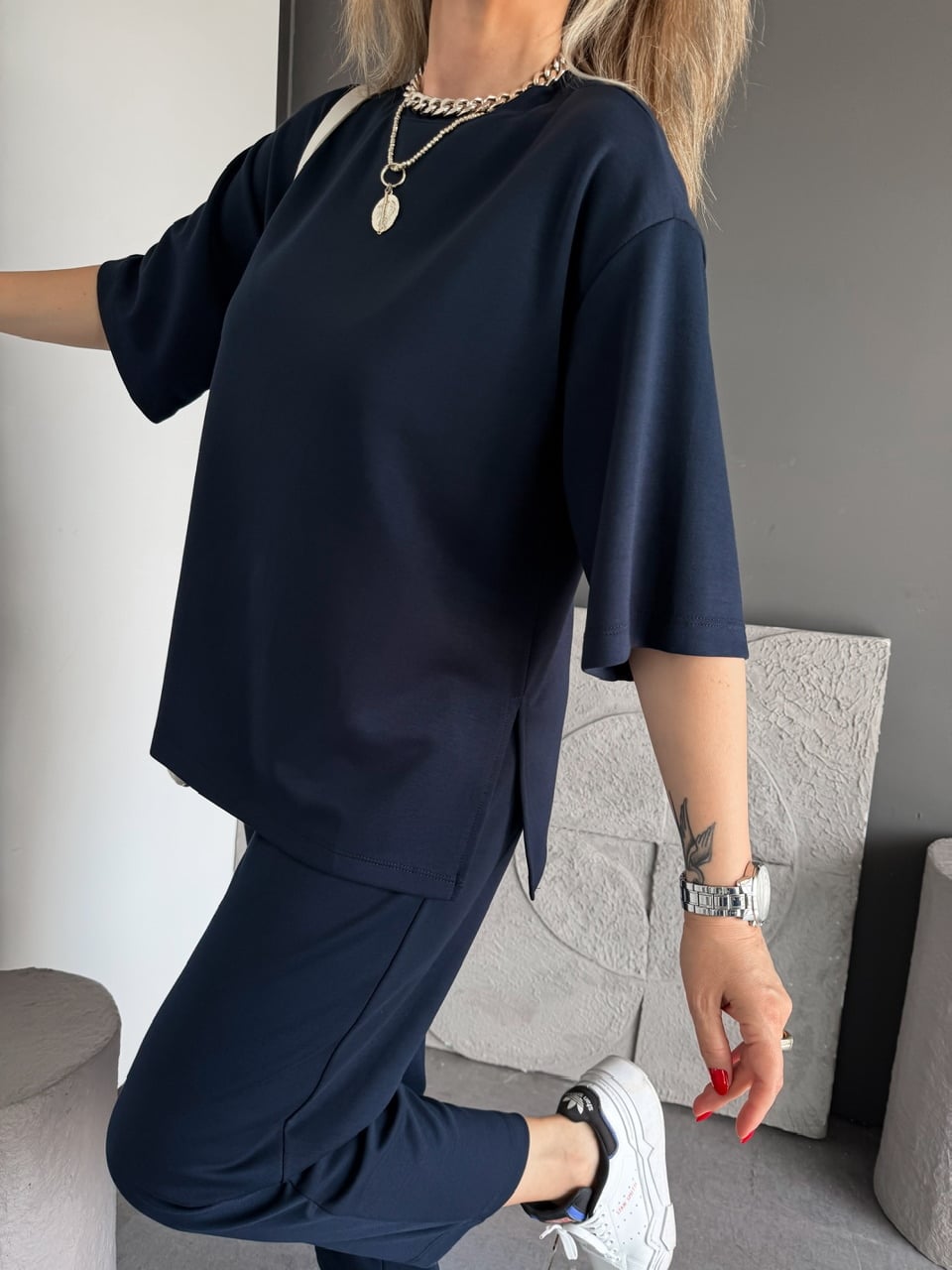 Lacivert Yanları Yırtmaçlı Basic Modal Takım