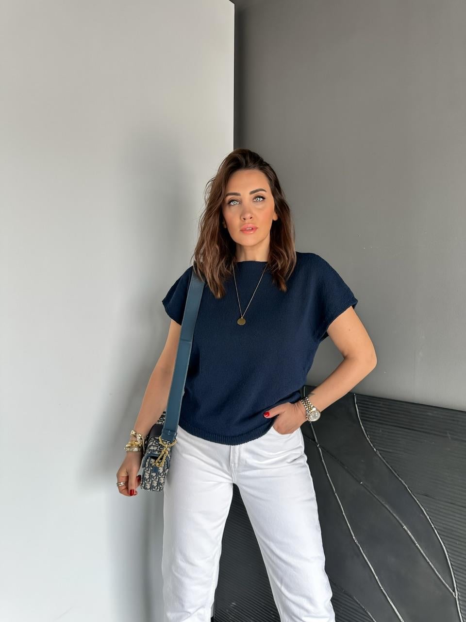 Lacivert Yarasa Kol Yumuşak Dokulu Tshirt