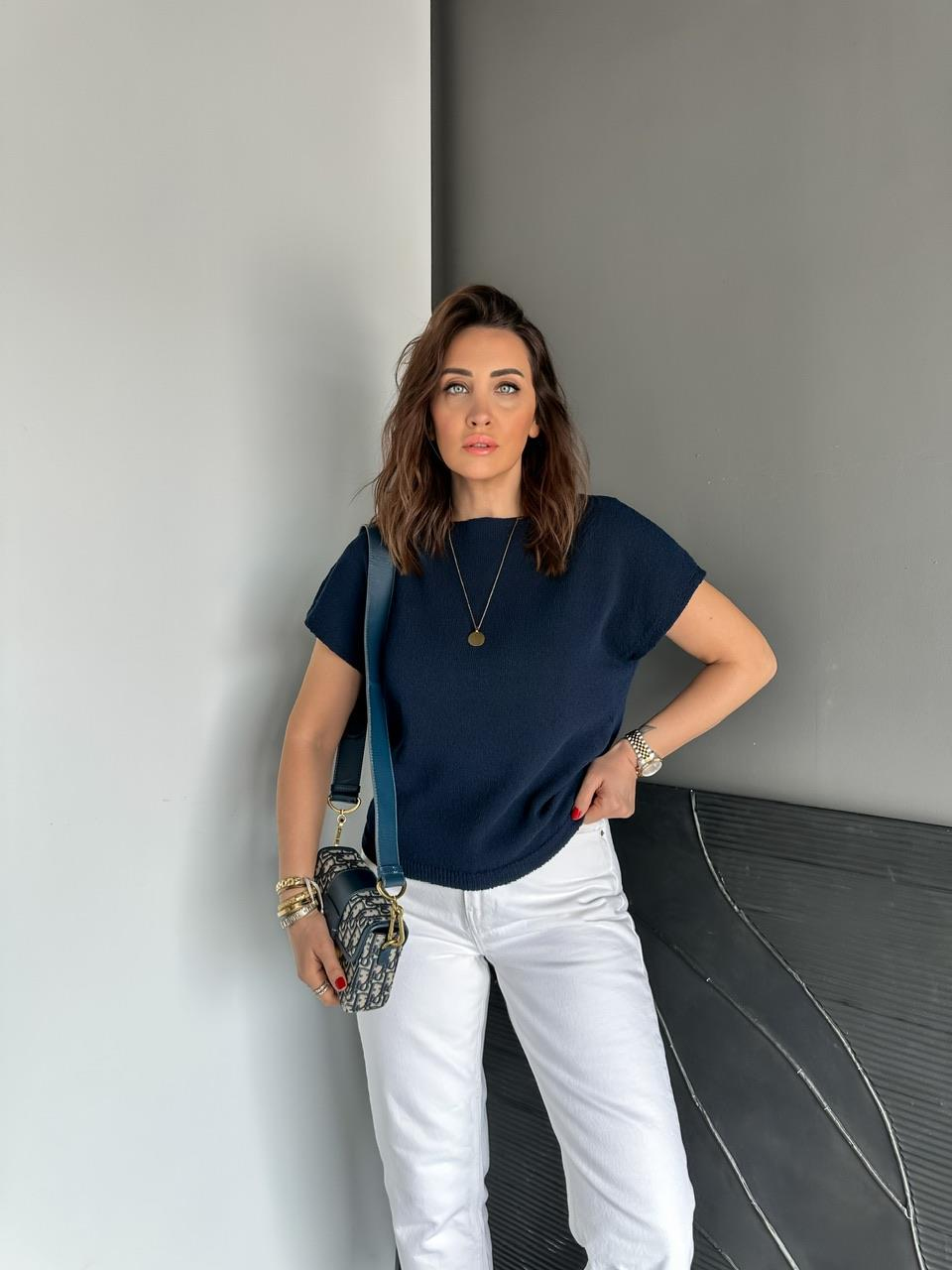 Lacivert Yarasa Kol Yumuşak Dokulu Tshirt