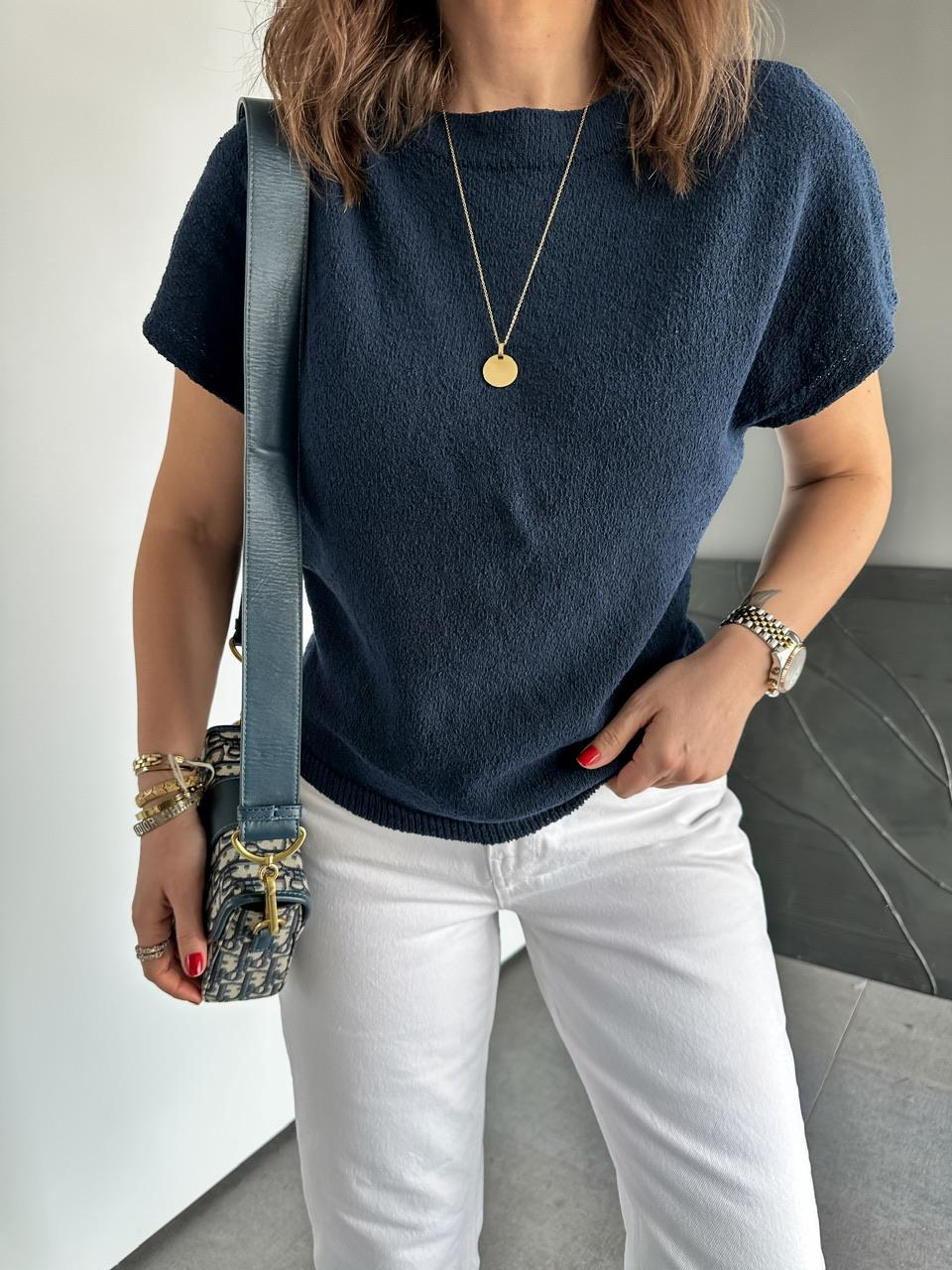 Lacivert Yarasa Kol Yumuşak Dokulu Tshirt