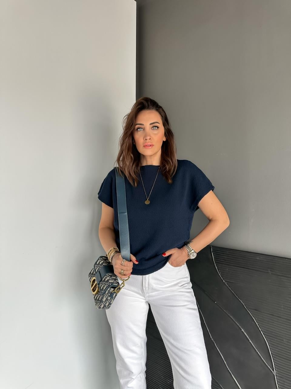 Lacivert Yarasa Kol Yumuşak Dokulu Tshirt