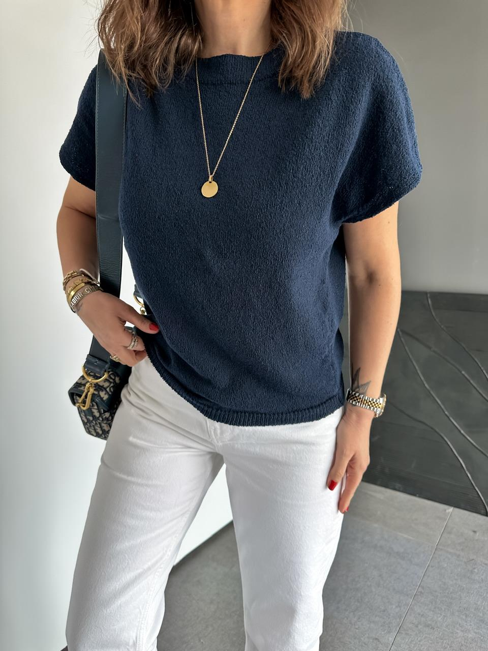 Lacivert Yarasa Kol Yumuşak Dokulu Tshirt