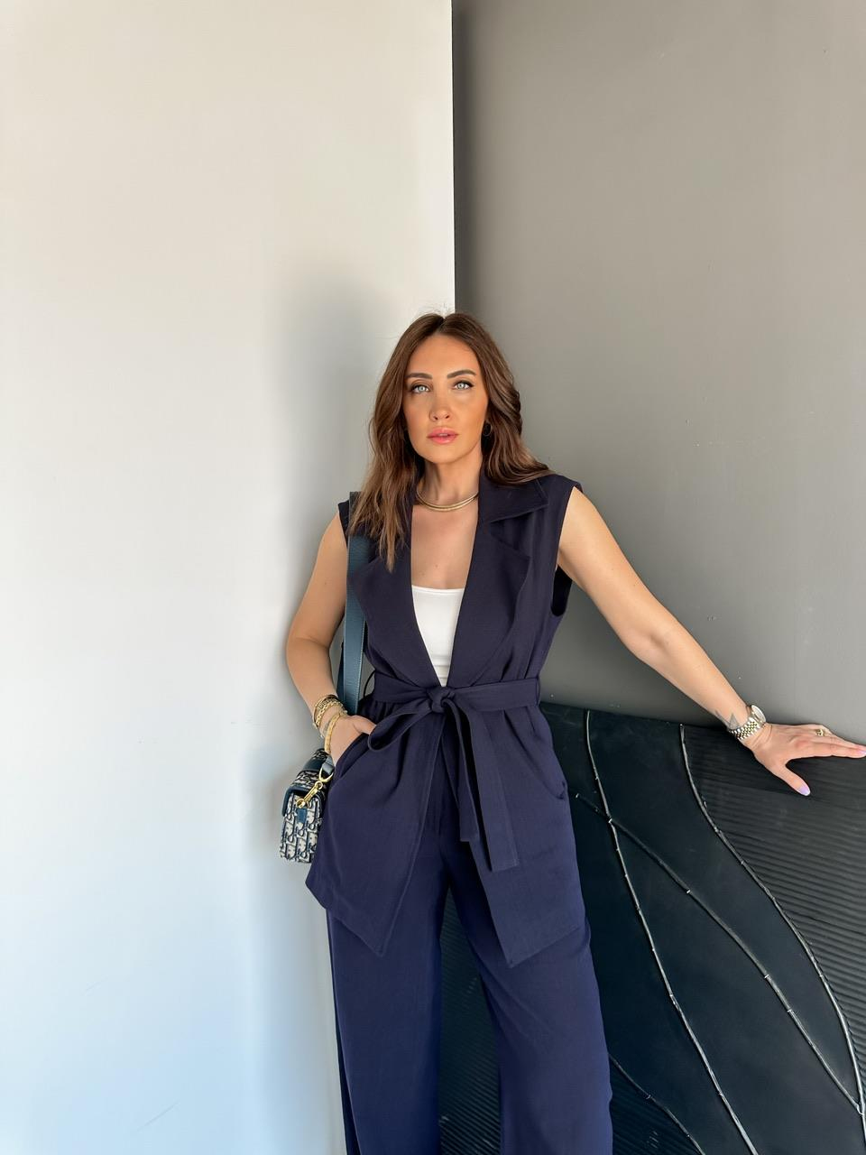 Lacivert Yeleği Kuşaklı Keten Takım