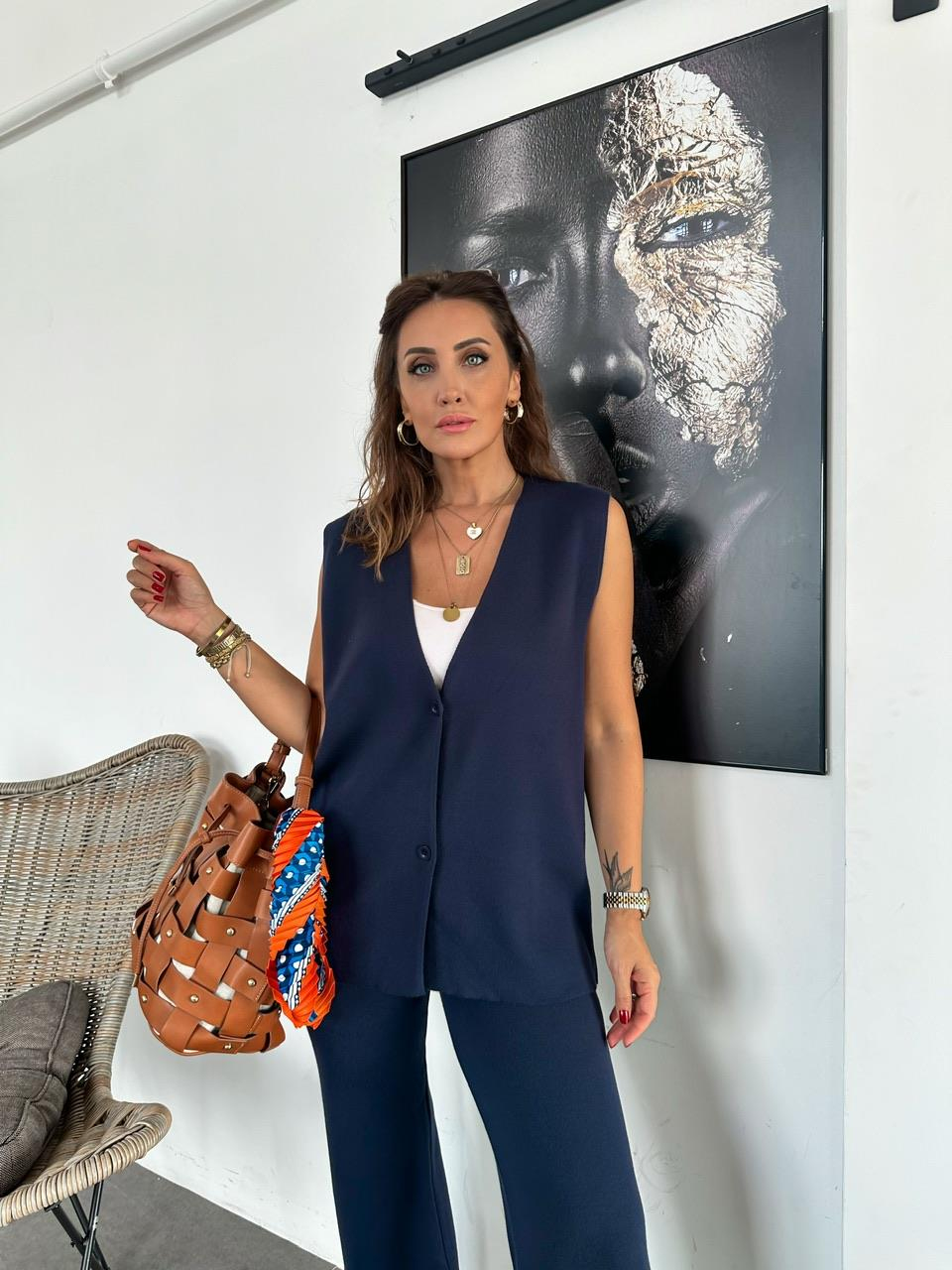Lacivert Yelekli Düz Triko Takım