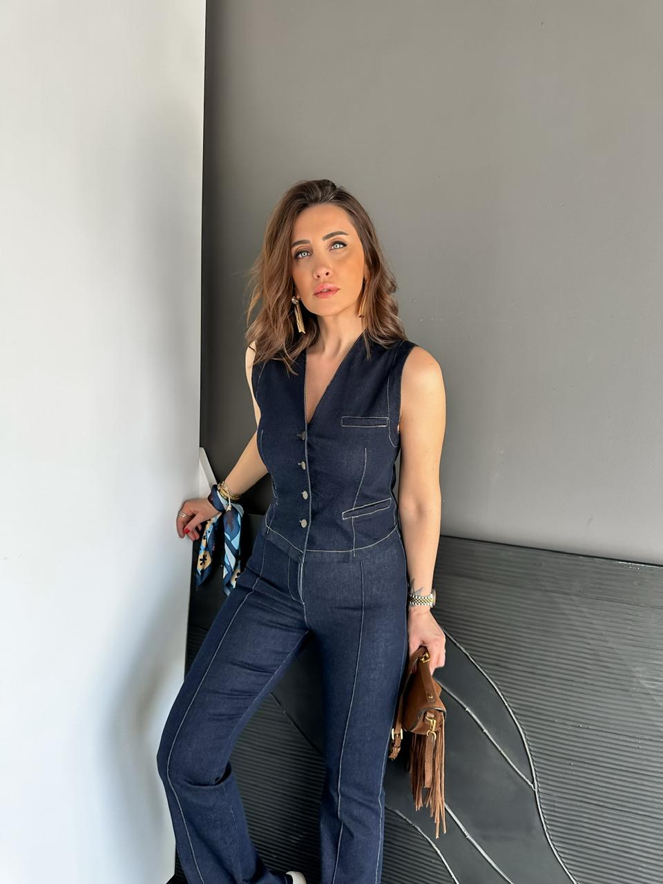 Lacivert Yelekli Likralı Kot Takım