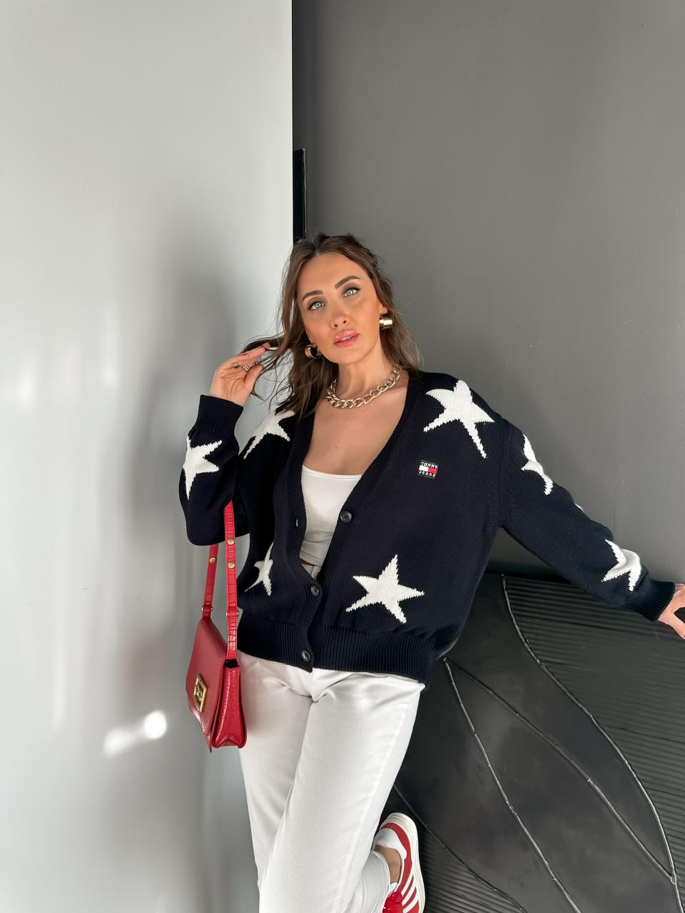 Lacivert Yıldız Desenli Tommy Hırka