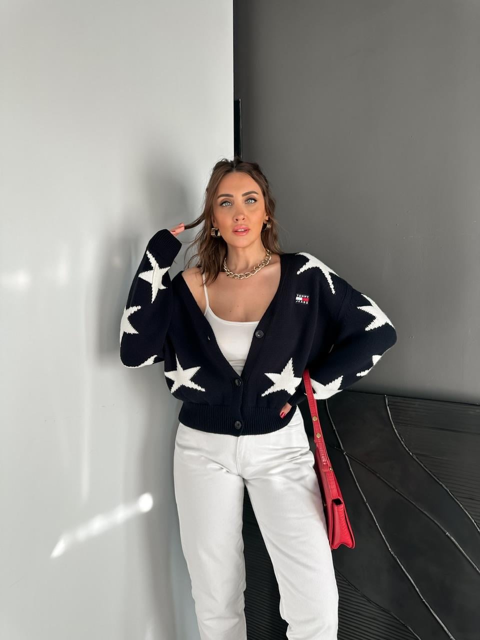 Lacivert Yıldız Desenli Tommy Hırka
