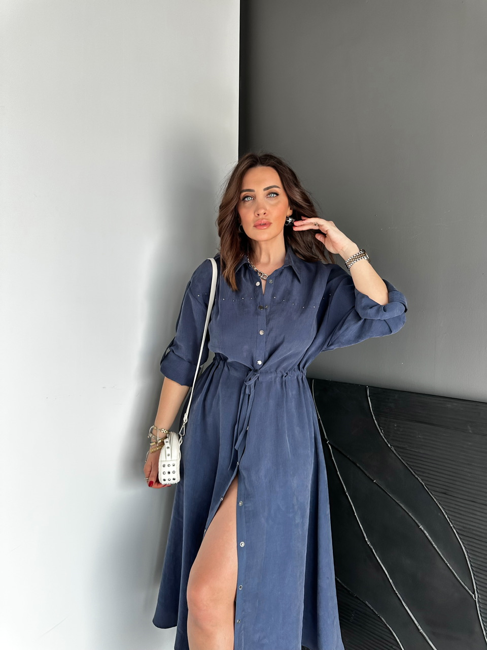 Lacivert Zımbalı Beli İpli Tasarım Elbise