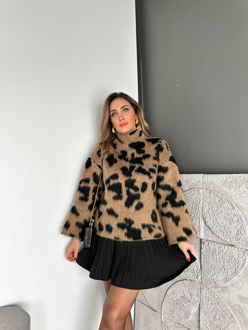 Leopar Balıkçı Yaka Dokulu Kazak