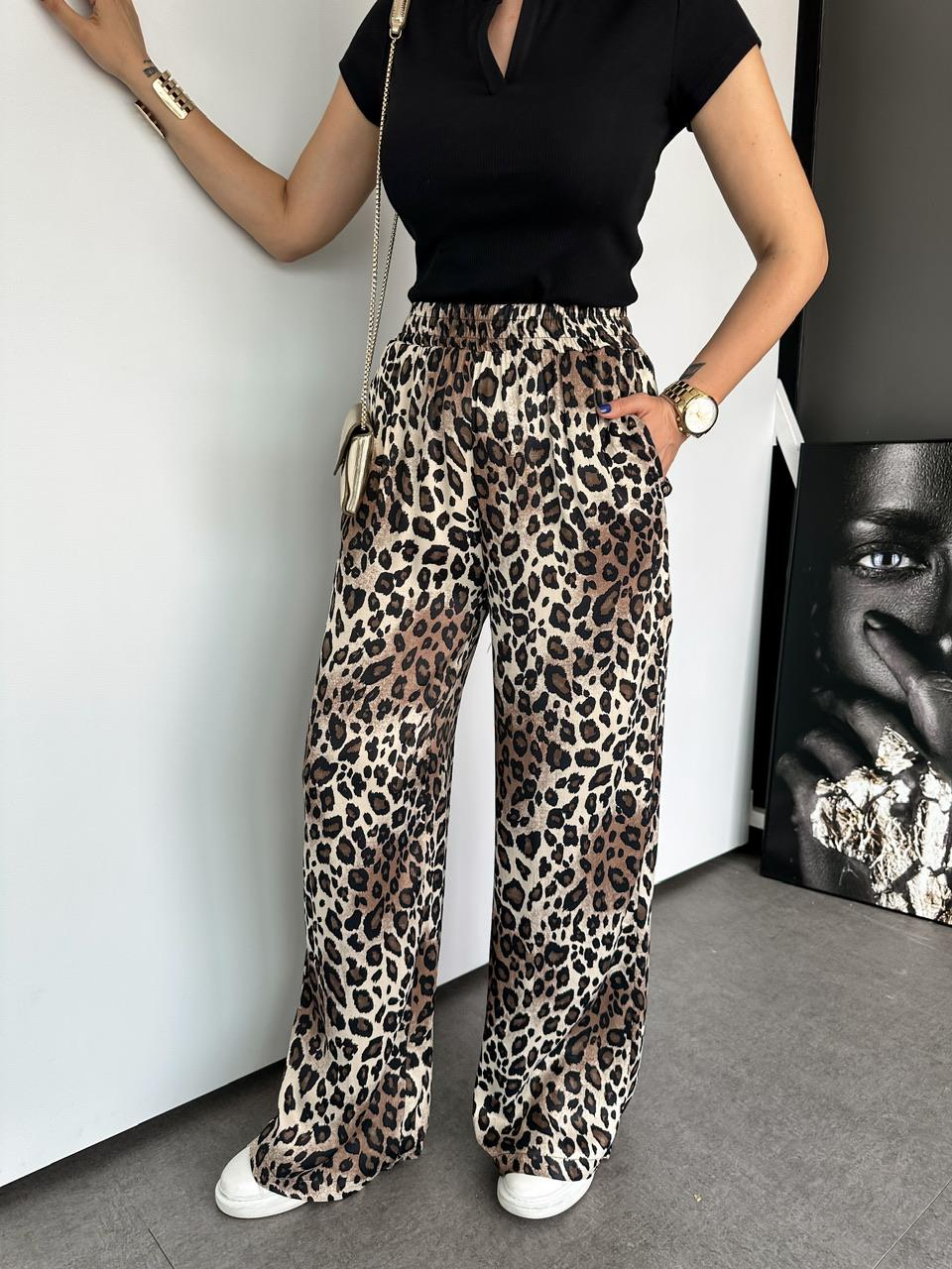 Leopar Beli Lastikli Saten Pantolon 