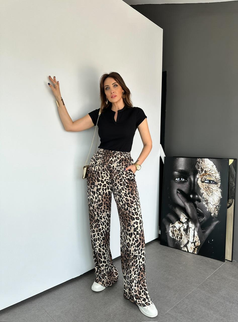 Leopar Beli Lastikli Saten Pantolon 