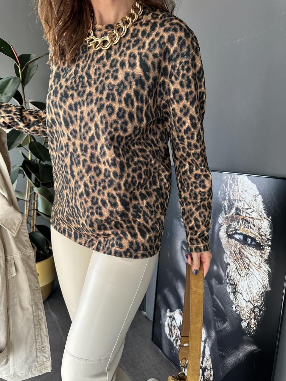 Leopar Desen Likralı Cotton Tshirt