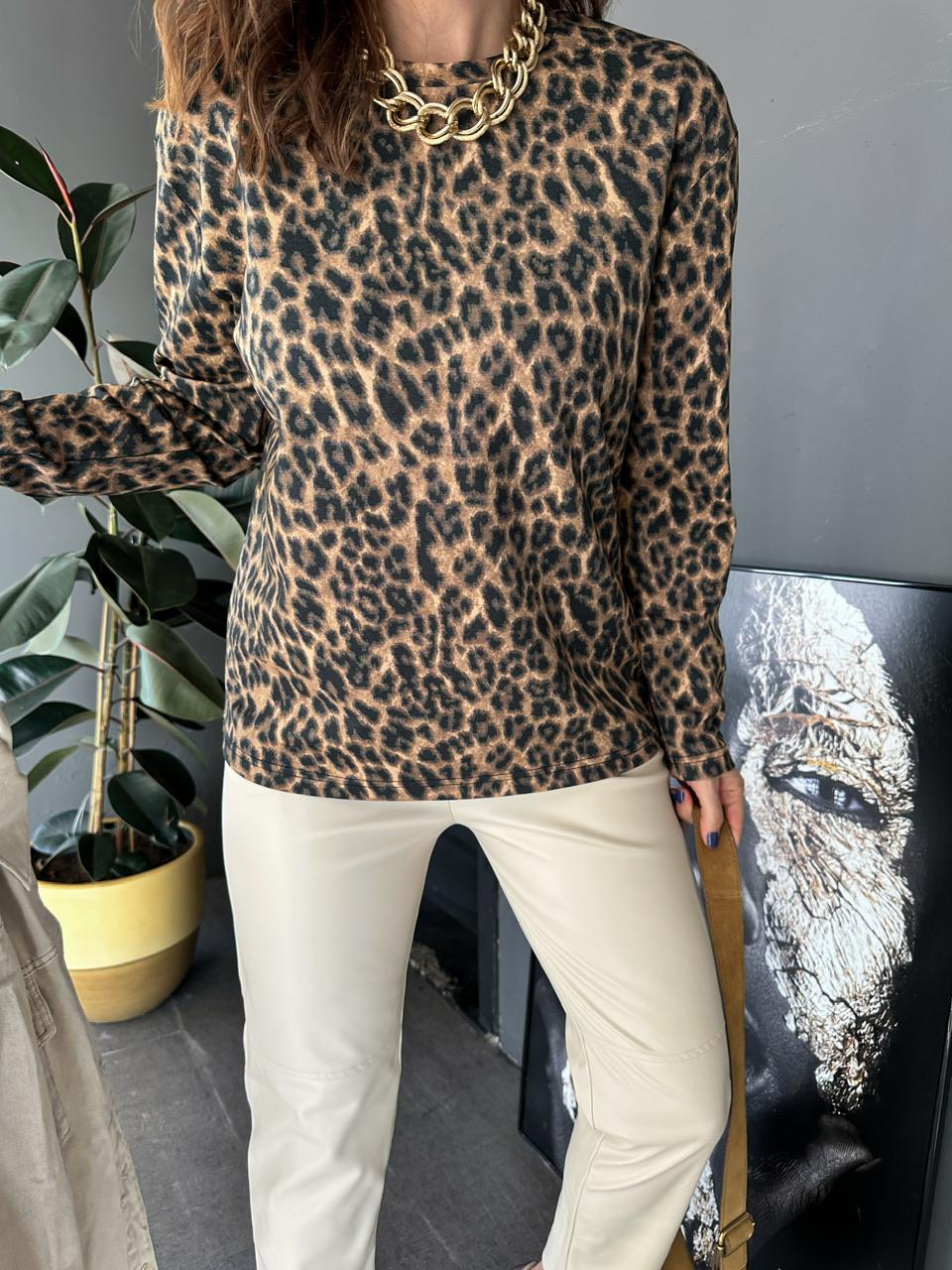 Leopar Desen Likralı Cotton Tshirt