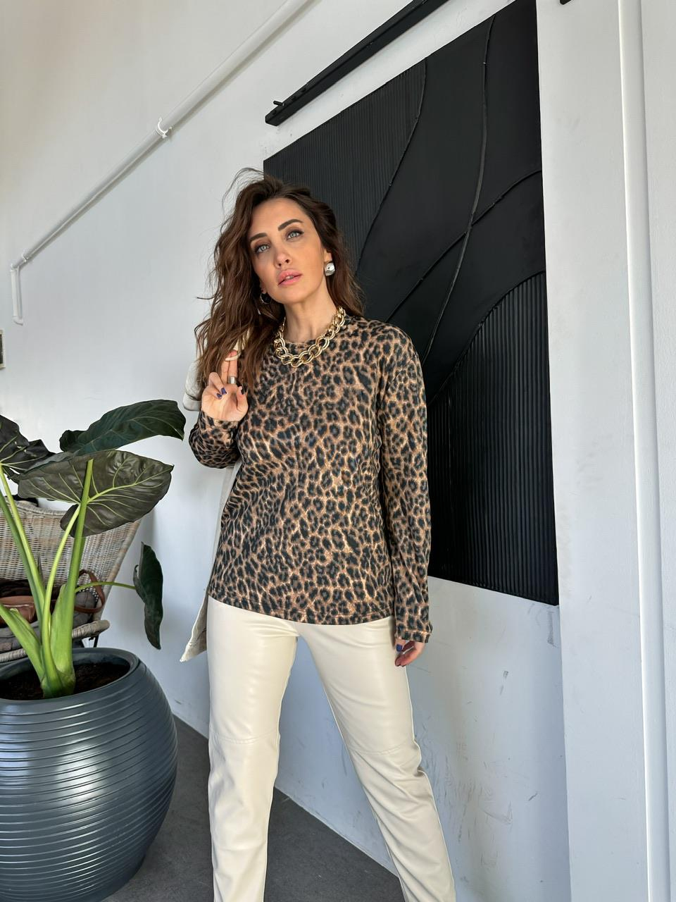 Leopar Desen Likralı Cotton Tshirt