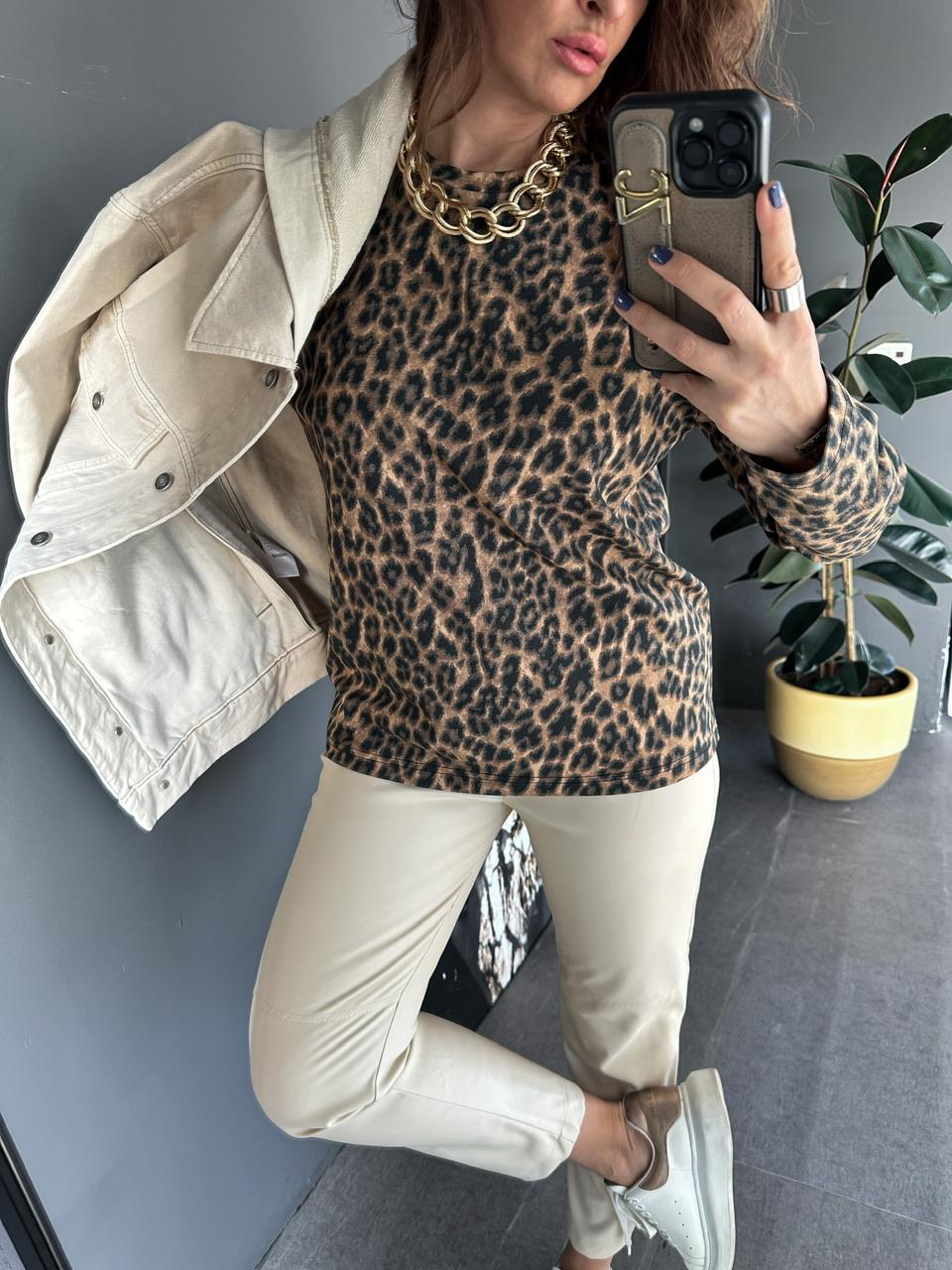Leopar Desen Likralı Cotton Tshirt