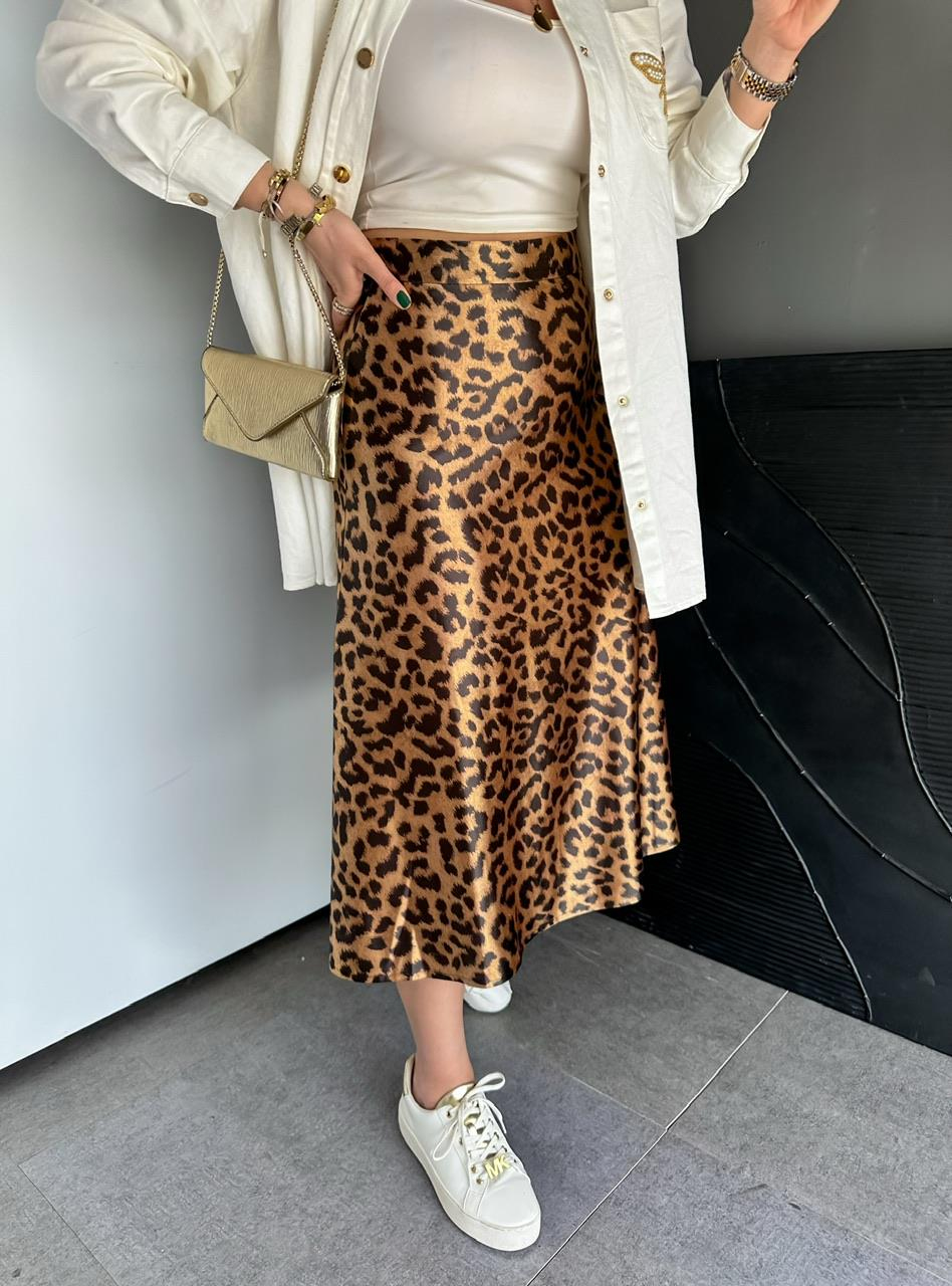 Leopar Desen Likralı Saten Etek