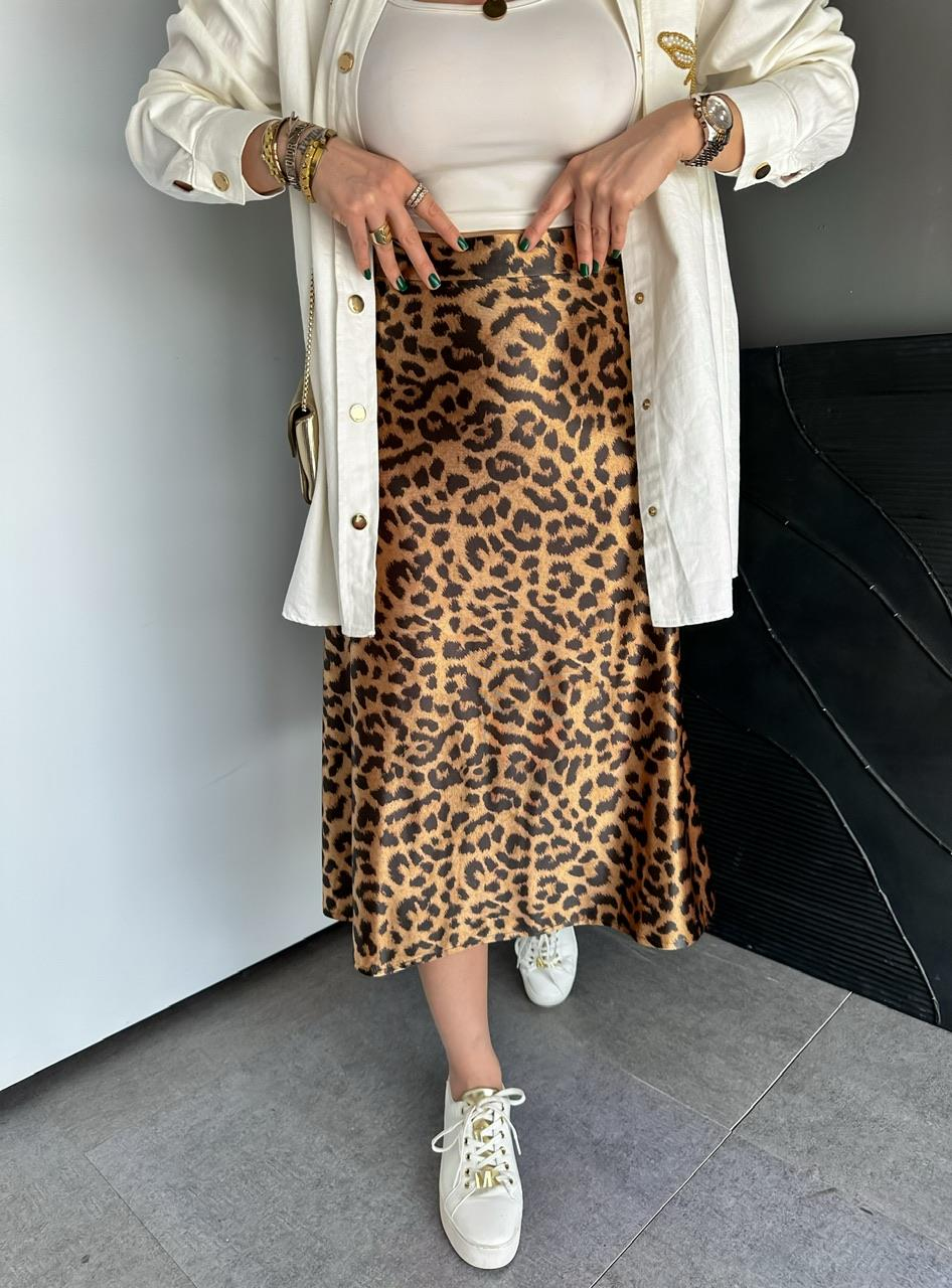 Leopar Desen Likralı Saten Etek