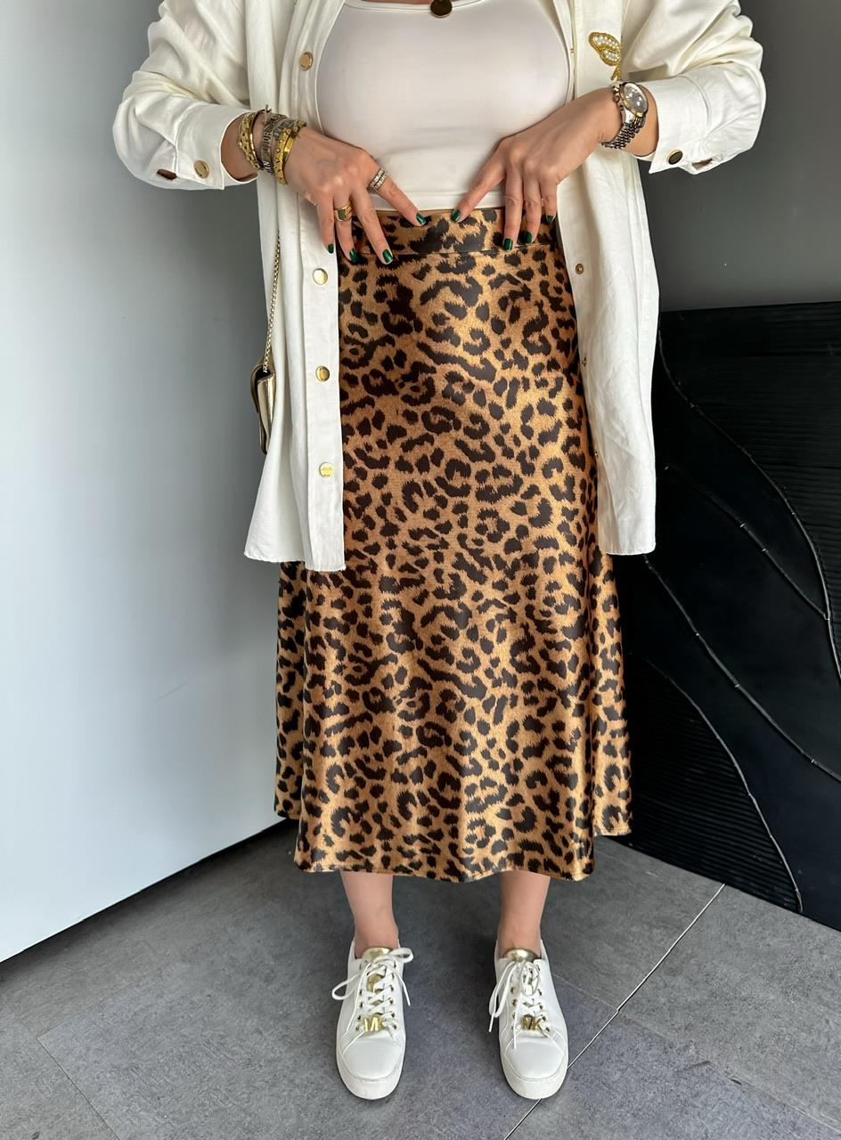 Leopar Desen Likralı Saten Etek