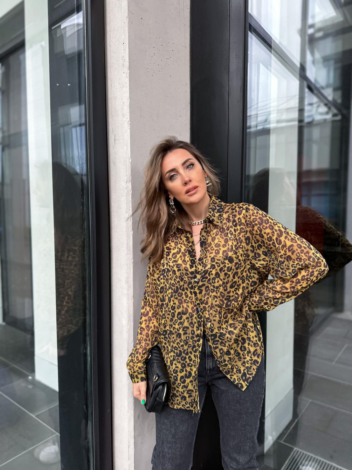 Leopar Desenli Cepli Tül Gömlek