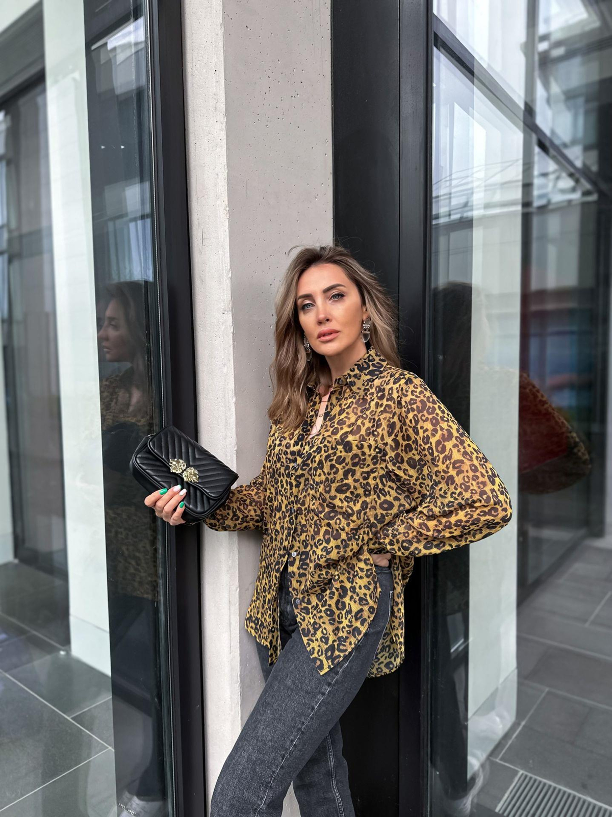 Leopar Desenli Cepli Tül Gömlek