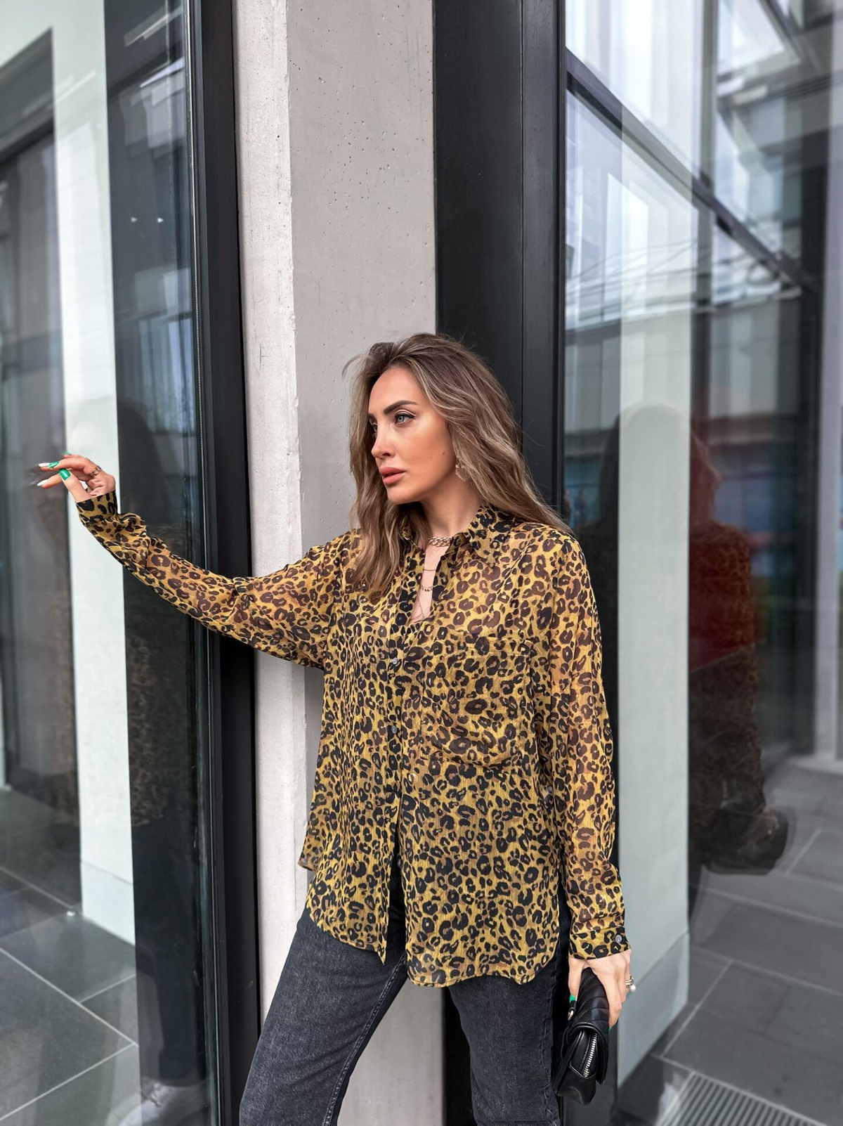 Leopar Desenli Cepli Tül Gömlek