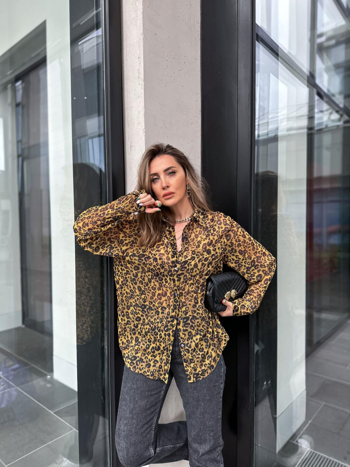 Leopar Desenli Cepli Tül Gömlek